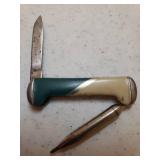 Vintage Imperial Combination Folding Pocket Knife & Ink Pen - 2 Tone Bakelite Handle with Silver Stripe - 5.5in L Full Open