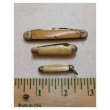 Vintage Pocket Knives - Bakelite & Pearl Bakelite Handles: Enterprise Cutlery Germany Double Blade Pocket Knife 6in L Full Open, Hammer Brand Single Blade & File 3.5in L Open, and Mini Single Blade Wa
