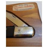 Vintage Queen Cutlery Bicentennial Commemorative Folding Single Blade Knife in Custom Wood Case with Original Stickers on Front & Back - Limited Edition Serial # - Black Bakelite Handle with Silver 17
