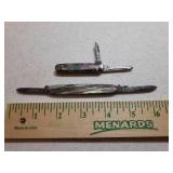 Vintage KENT Brand Double Blade Pocket Knife with Multi Bakelite Handle - 3.5in L Open, and SYRACUSE Knife Company Double Blade Pocket Knife with Blue/Silver Marbleized Bakelite Handle - 6.5in L Open