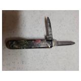 Vintage KENT Brand Double Blade Pocket Knife with Multi Bakelite Handle - 3.5in L Open, and SYRACUSE Knife Company Double Blade Pocket Knife with Blue/Silver Marbleized Bakelite Handle - 6.5in L Open
