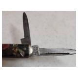 Vintage KENT Brand Double Blade Pocket Knife with Multi Bakelite Handle - 3.5in L Open, and SYRACUSE Knife Company Double Blade Pocket Knife with Blue/Silver Marbleized Bakelite Handle - 6.5in L Open