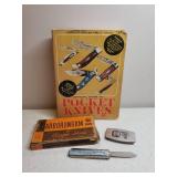 Vintage Carborundum Razor Hone in Original Box, Vintage Pocket Knife Pricing Guide, and 2 Advertising Knives - one on Belt Clip with Blade & File, and one Single Blade with Swivel Guard Handle 4.25in 