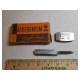 Vintage Carborundum Razor Hone in Original Box, Vintage Pocket Knife Pricing Guide, and 2 Advertising Knives - one on Belt Clip with Blade & File, and one Single Blade with Swivel Guard Handle 4.25in 