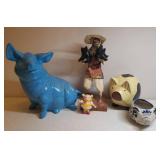 Vintage Large Blue Ceramic Pig 10in T x 8.5in W, Signed Mexican Pottery Pig Planter, Hand Painted Carved Wood Piggy Bank, and Native South American Farmer Figurine Carrying 2 Black Piglets
