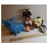 Vintage Large Blue Ceramic Pig 10in T x 8.5in W, Signed Mexican Pottery Pig Planter, Hand Painted Carved Wood Piggy Bank, and Native South American Farmer Figurine Carrying 2 Black Piglets