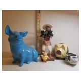 Vintage Large Blue Ceramic Pig 10in T x 8.5in W, Signed Mexican Pottery Pig Planter, Hand Painted Carved Wood Piggy Bank, and Native South American Farmer Figurine Carrying 2 Black Piglets