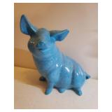 Vintage Large Blue Ceramic Pig 10in T x 8.5in W, Signed Mexican Pottery Pig Planter, Hand Painted Carved Wood Piggy Bank, and Native South American Farmer Figurine Carrying 2 Black Piglets