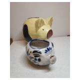 Vintage Large Blue Ceramic Pig 10in T x 8.5in W, Signed Mexican Pottery Pig Planter, Hand Painted Carved Wood Piggy Bank, and Native South American Farmer Figurine Carrying 2 Black Piglets
