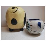 Vintage Large Blue Ceramic Pig 10in T x 8.5in W, Signed Mexican Pottery Pig Planter, Hand Painted Carved Wood Piggy Bank, and Native South American Farmer Figurine Carrying 2 Black Piglets