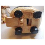 Vintage Large Blue Ceramic Pig 10in T x 8.5in W, Signed Mexican Pottery Pig Planter, Hand Painted Carved Wood Piggy Bank, and Native South American Farmer Figurine Carrying 2 Black Piglets