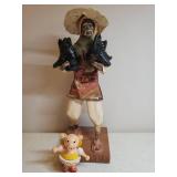 Vintage Large Blue Ceramic Pig 10in T x 8.5in W, Signed Mexican Pottery Pig Planter, Hand Painted Carved Wood Piggy Bank, and Native South American Farmer Figurine Carrying 2 Black Piglets