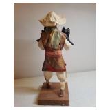 Vintage Large Blue Ceramic Pig 10in T x 8.5in W, Signed Mexican Pottery Pig Planter, Hand Painted Carved Wood Piggy Bank, and Native South American Farmer Figurine Carrying 2 Black Piglets