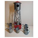 Large Vintage Metal Water Tower Bird House Planter 5in W x 5in L x 19in T, and 9 Hosely USA Mini Galvanized Metal Watering Can Decor/Planters