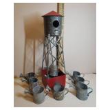 Large Vintage Metal Water Tower Bird House Planter 5in W x 5in L x 19in T, and 9 Hosely USA Mini Galvanized Metal Watering Can Decor/Planters