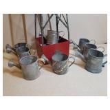 Large Vintage Metal Water Tower Bird House Planter 5in W x 5in L x 19in T, and 9 Hosely USA Mini Galvanized Metal Watering Can Decor/Planters