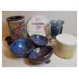 Mosaic Glass Electric Wax Warmer, Mahogany Coconut 3 Wick Candle & Underplate, Custom Made Terra Cotta Triple Trinket Dish, Votive Lantern, and NIP Wax Warmer Collar Rings