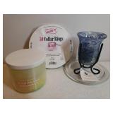 Mosaic Glass Electric Wax Warmer, Mahogany Coconut 3 Wick Candle & Underplate, Custom Made Terra Cotta Triple Trinket Dish, Votive Lantern, and NIP Wax Warmer Collar Rings