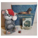 Good Kitty/Bad Kitty Photo Holder, Santa Kitty Holder/Easel, Mini Pottery Cat Coaster, and Book of The Mediterranean Cat
