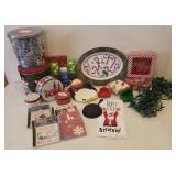 Mini Cast Iron Santa/HoHoHo Skillet, Christmas Tins, Ceramic Candy Dishes, NIP Envelopes, MIni LIghts, Serving Trays, & Holiday Music CD