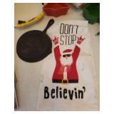 Mini Cast Iron Santa/HoHoHo Skillet, Christmas Tins, Ceramic Candy Dishes, NIP Envelopes, MIni LIghts, Serving Trays, & Holiday Music CD