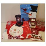 Merry Christmas Cookie Box, Holiday Throw Blanket, Hand Painted Canvas Snowman Art, Tablecloth, Kitchen Towel, Oven Mitt, Candle Jar & Wall Plaque, and Light Up Snowman Hat