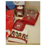 Merry Christmas Cookie Box, Holiday Throw Blanket, Hand Painted Canvas Snowman Art, Tablecloth, Kitchen Towel, Oven Mitt, Candle Jar & Wall Plaque, and Light Up Snowman Hat