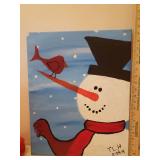 Merry Christmas Cookie Box, Holiday Throw Blanket, Hand Painted Canvas Snowman Art, Tablecloth, Kitchen Towel, Oven Mitt, Candle Jar & Wall Plaque, and Light Up Snowman Hat