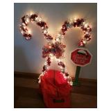 Large Metallic Garland Light Up Double Candy Cane Yard/Porch Decor - 36in W x 44in T, Painted Wood "Santa Stop Here" Sign Post, and Large Rolling Canvas Christmas Tree Storage Case/Bag