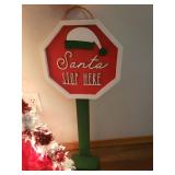 Large Metallic Garland Light Up Double Candy Cane Yard/Porch Decor - 36in W x 44in T, Painted Wood "Santa Stop Here" Sign Post, and Large Rolling Canvas Christmas Tree Storage Case/Bag