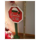 Large Metallic Garland Light Up Double Candy Cane Yard/Porch Decor - 36in W x 44in T, Painted Wood "Santa Stop Here" Sign Post, and Large Rolling Canvas Christmas Tree Storage Case/Bag