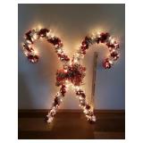Large Metallic Garland Light Up Double Candy Cane Yard/Porch Decor - 36in W x 44in T, Painted Wood "Santa Stop Here" Sign Post, and Large Rolling Canvas Christmas Tree Storage Case/Bag