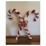 Large Metallic Garland Light Up Double Candy Cane Yard/Porch Decor - 36in W x 44in T, Painted Wood "Santa Stop Here" Sign Post, and Large Rolling Canvas Christmas Tree Storage Case/Bag