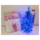 St. Nicholas Square 2 Ft. Aqua Tinsel Tree with Blue Lights & Ornaments - includes Box, Metallic Pink Garland, and Large Tote of Holiday Gift Boxes, Bags & Tissue