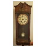 Ornate Antique Pendulum Wall Clock - Bent Wood Case with Brass Inlay - Copper Framed Marble Face - Numerals on Porcelain w/Brass Surrounds - Original Glass Door & Side Panels - Includes Winding Key - 