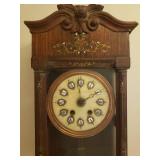 Ornate Antique Pendulum Wall Clock - Bent Wood Case with Brass Inlay - Copper Framed Marble Face - Numerals on Porcelain w/Brass Surrounds - Original Glass Door & Side Panels - Includes Winding Key - 