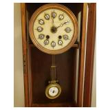 Ornate Antique Pendulum Wall Clock - Bent Wood Case with Brass Inlay - Copper Framed Marble Face - Numerals on Porcelain w/Brass Surrounds - Original Glass Door & Side Panels - Includes Winding Key - 