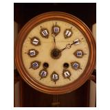 Ornate Antique Pendulum Wall Clock - Bent Wood Case with Brass Inlay - Copper Framed Marble Face - Numerals on Porcelain w/Brass Surrounds - Original Glass Door & Side Panels - Includes Winding Key - 