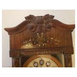 Ornate Antique Pendulum Wall Clock - Bent Wood Case with Brass Inlay - Copper Framed Marble Face - Numerals on Porcelain w/Brass Surrounds - Original Glass Door & Side Panels - Includes Winding Key - 