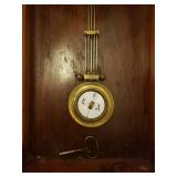Ornate Antique Pendulum Wall Clock - Bent Wood Case with Brass Inlay - Copper Framed Marble Face - Numerals on Porcelain w/Brass Surrounds - Original Glass Door & Side Panels - Includes Winding Key - 