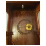 Ornate Antique Pendulum Wall Clock - Bent Wood Case with Brass Inlay - Copper Framed Marble Face - Numerals on Porcelain w/Brass Surrounds - Original Glass Door & Side Panels - Includes Winding Key - 