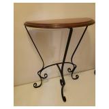 Vintage Half Round Wood & Scroll Iron Base Side Table - 18in W x 9in D x 21.5in T