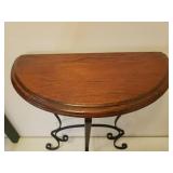 Vintage Half Round Wood & Scroll Iron Base Side Table - 18in W x 9in D x 21.5in T