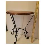 Vintage Half Round Wood & Scroll Iron Base Side Table - 18in W x 9in D x 21.5in T