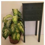 Green Painted Wood 3 Drawer Side Table/Night Stand - 13in W x 10in D x 28.5in T - and Faux Plant in Basket Plater