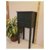 Green Painted Wood 3 Drawer Side Table/Night Stand - 13in W x 10in D x 28.5in T - and Faux Plant in Basket Plater