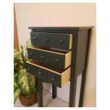 Green Painted Wood 3 Drawer Side Table/Night Stand - 13in W x 10in D x 28.5in T - and Faux Plant in Basket Plater