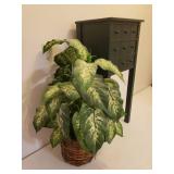 Green Painted Wood 3 Drawer Side Table/Night Stand - 13in W x 10in D x 28.5in T - and Faux Plant in Basket Plater