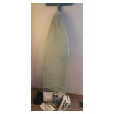 Adjustable Height Ironing Board, Rowenta Steam Iron, Nearly Full Can of Magic Sizing, Travel Iron in Case - 1 With Cord & Travel Bag, and NIP Laundry Bag