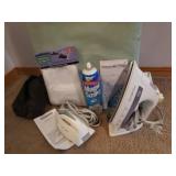 Adjustable Height Ironing Board, Rowenta Steam Iron, Nearly Full Can of Magic Sizing, Travel Iron in Case - 1 With Cord & Travel Bag, and NIP Laundry Bag